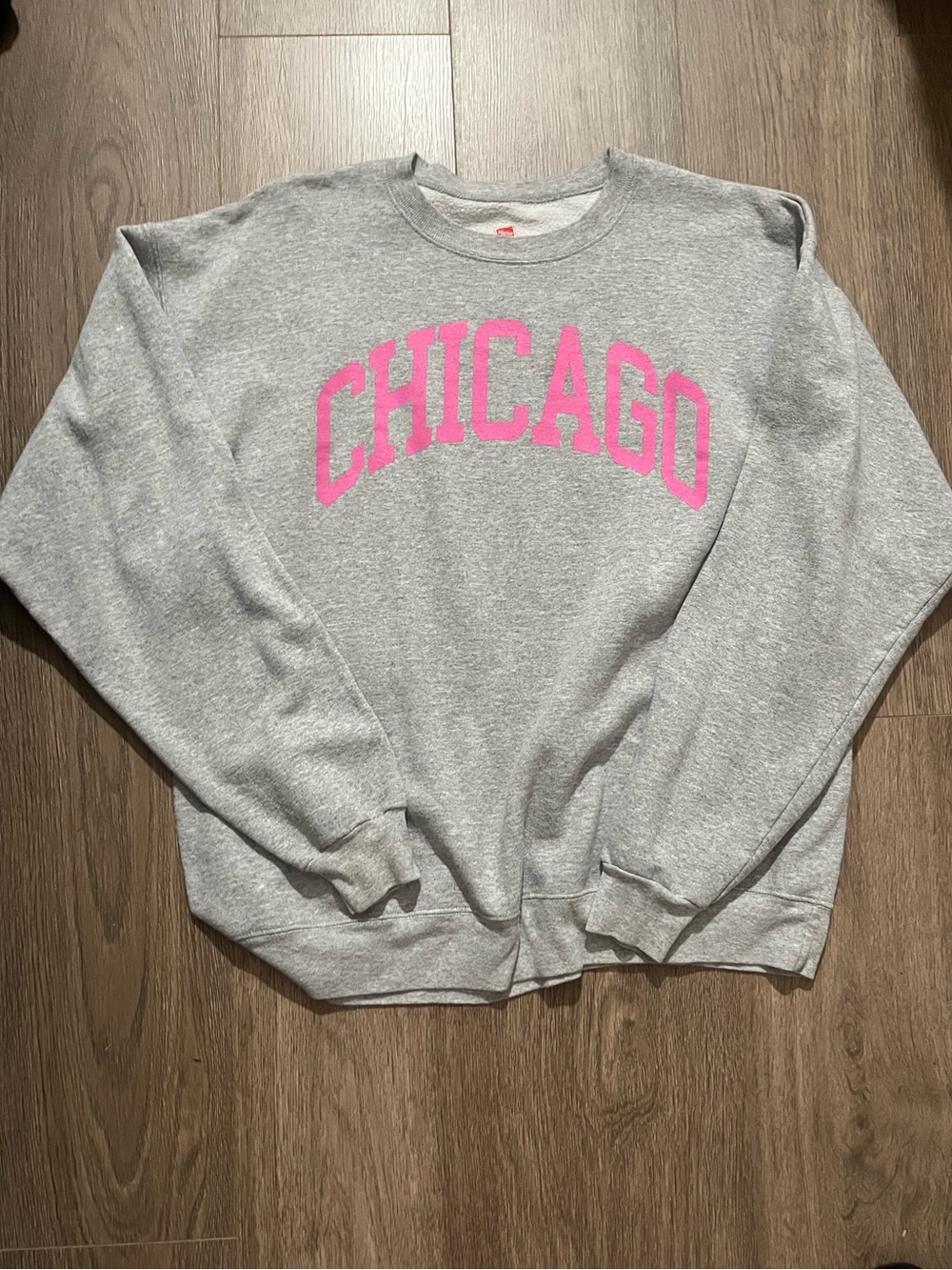 Hanes Gray Crewneck Sweatshirt with Pink Chicago Script